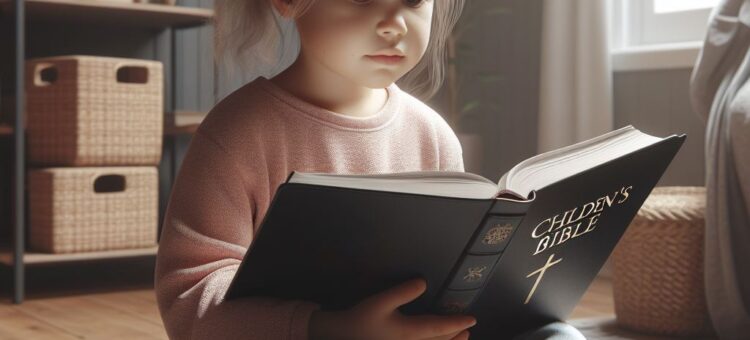 Un enfant lit une bible pour enfant